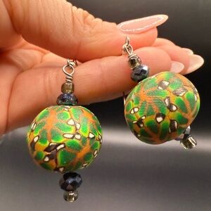 Handcrafted Green and Orange Clay Dangle Earrings Unique Bohemian